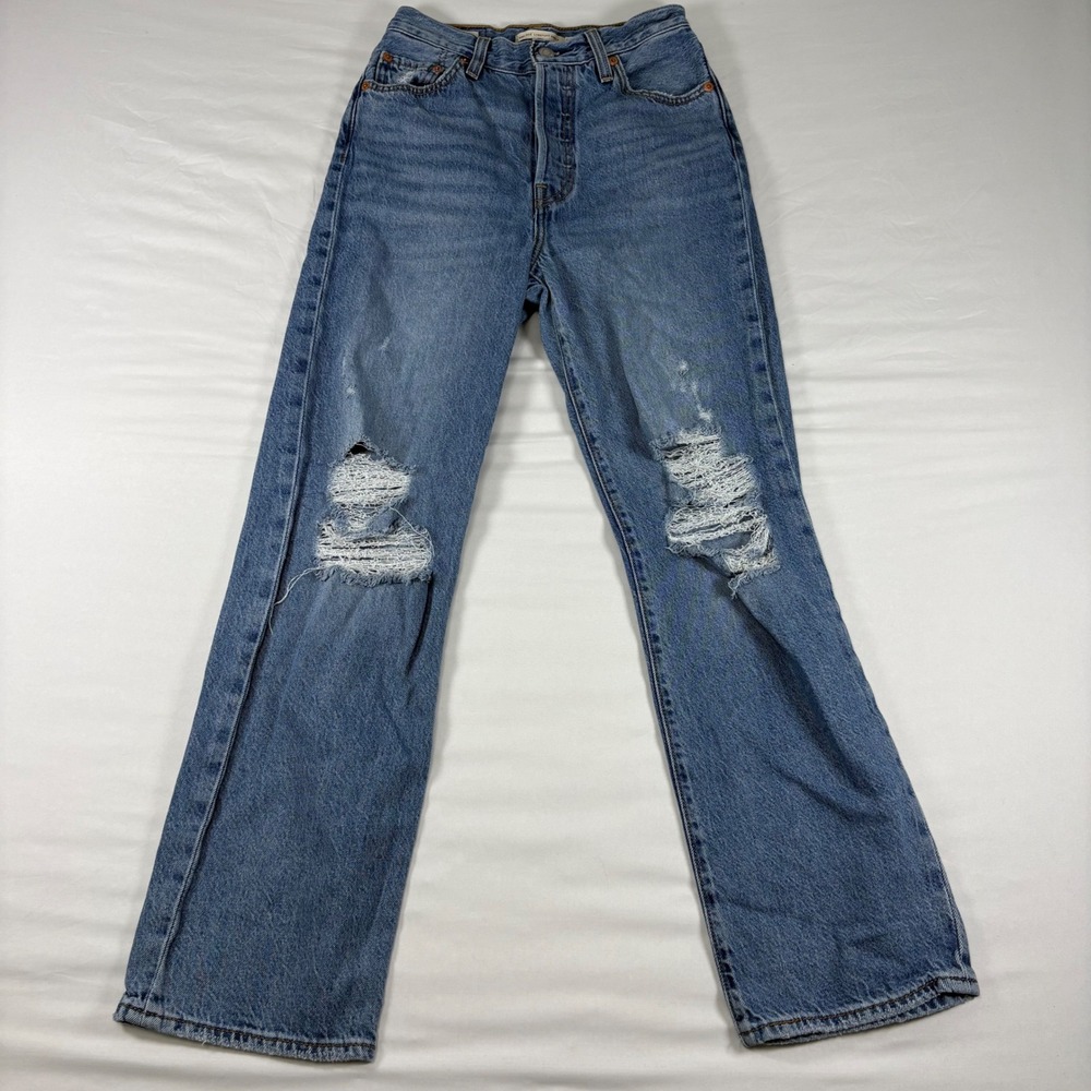 Levis Premium Ribcage Straight Ankle Jeans Blue Distressed High Rise Womens 25